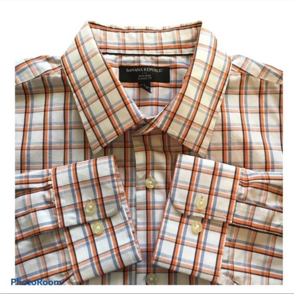 BANANA REPUBLIC Non Iron Classic Fit Dress Shirt Size L White Orange Blue Plaid